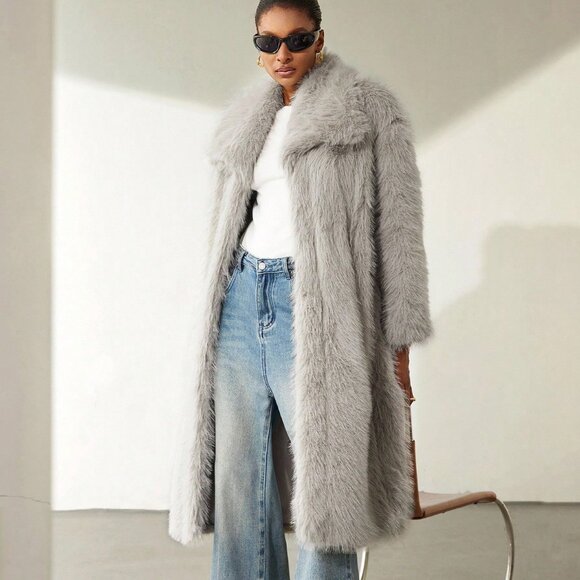 Light Grey Elegant Women's Oversized Faux Fur oversized Coat jacket - Picture 1 of 7